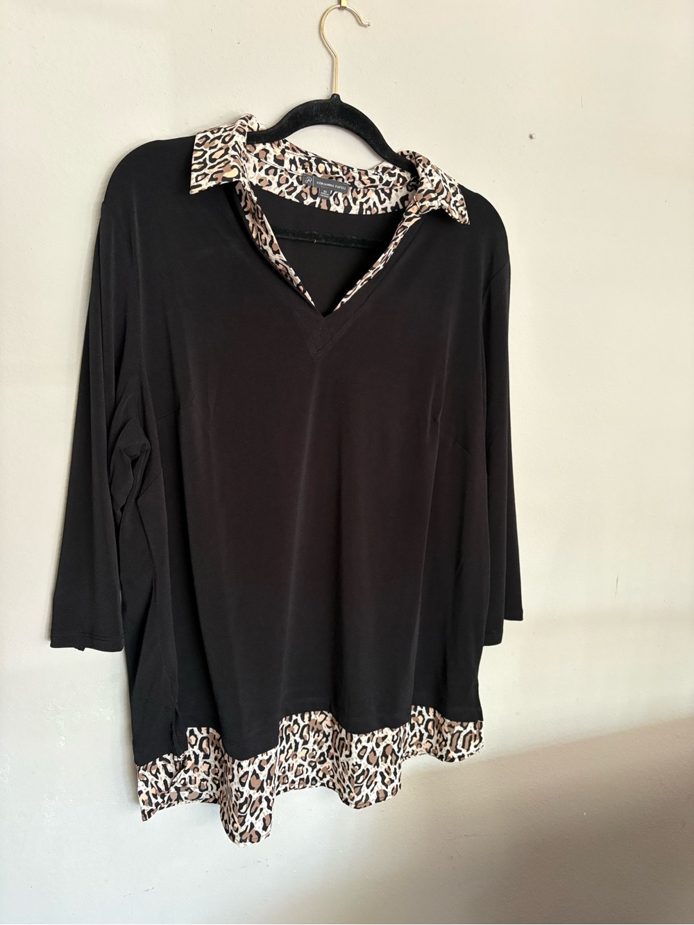 Adrianna Papell Black V-Neck Top with Leopard-Print Trim